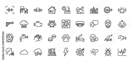 Noise pollution and sound line icon set. Vector pictograms of siren, alarm, horn, shouting, traffic, explosion, barking, snoring, thin linear illustration.
