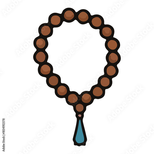 Cartoon Illustration of Prayer Beads with Blue Tassel.
