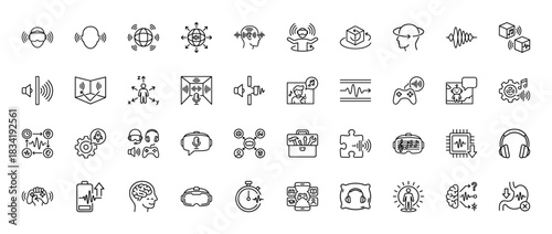 Virtual reality and audio tech line icon set. Vector pictograms of vr headset, 360 view, spatial audio, gamepad, smart brain, headphones. Thin linear illustration.