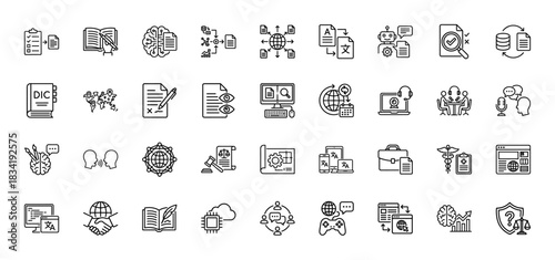Language translation and global communication line icon set. Vector pictograms of document, book, brain, dictionary, world map, and data exchange, thin linear illustration.