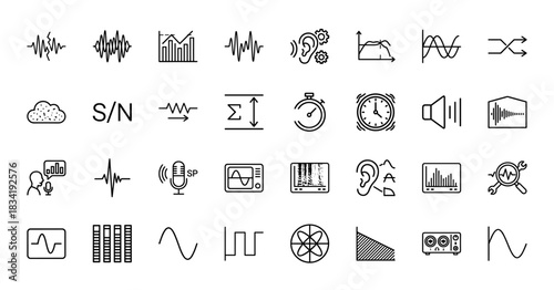 Audio engineering line icon set. vector pictograms of waveform, spectrum, microphone, ear, noise, signal, filter, and timer, thin linear illustration.