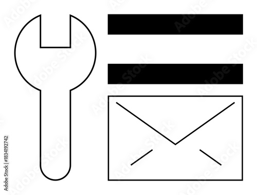 Wrench alongside horizontal lines and envelope outline symbolizes tools, communication, settings, and functionality. Ideal for support, repair, messaging, systems, organization technology themes
