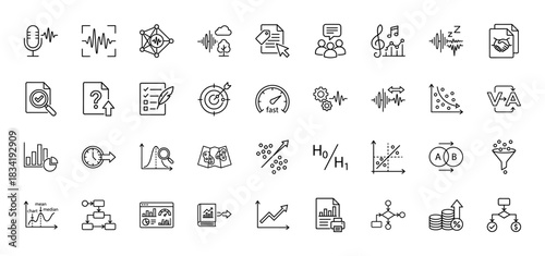 Data analysis and statistics line icon set. Vector pictograms of charts, graphs, hypothesis, neural network, research, dashboard and report, thin linear illustration.
