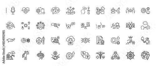 Artificial intelligence line icon set. Vector pictograms of neural network, robot, brain, chip, face recognition, cyborg and automation, thin linear illustration.