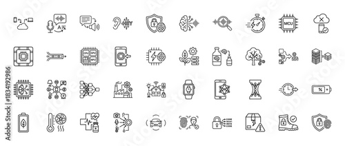 Artificial intelligence line icon set. Vector pictograms of brain, chip, cloud, processor, home, factory, battery, car, voice, security, thin linear illustration.