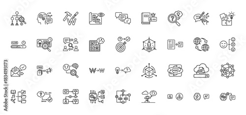 Artificial intelligence line icon set. Vector pictograms of neural network, brain, algorithm, chatbot, logic, translation and analysis, thin linear illustration.
