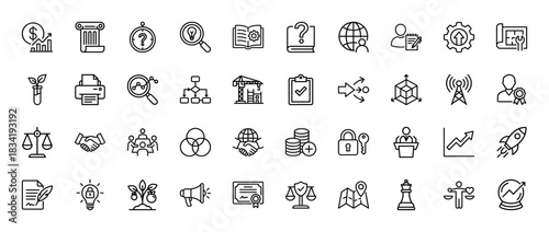 Business and management line icon set. Vector pictograms of growth chart, construction, contract, handshake, and planning, thin linear illustration.