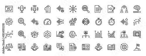 Data science and machine learning line icon set. Vector pictograms of AI brain, robot, voice recognition, analytics graph, optimization, thin linear illustration