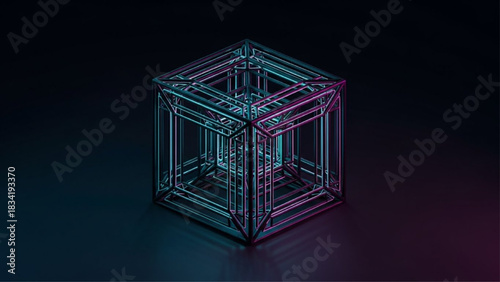 Neon Wireframe Cube 3D Abstract