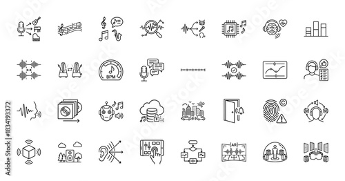 Audio technology line icon set. Vector pictograms of microphone, equalizer, sound wave, speaker, metronome, vinyl, podcast and headphones, thin linear illustration.