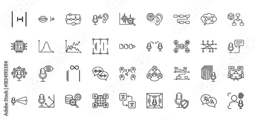 Speech and voice recognition line icon set. Vector pictograms of microphone, brain, waveform, processing, and translation, thin linear illustration.