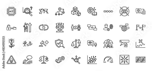 Artificial intelligence and machine learning line icon set. Vector pictograms of robot, brain, algorithm, data ethics, analytics and strategy, thin linear illustration.