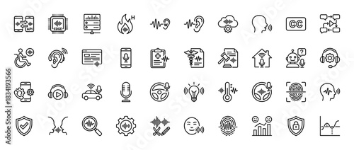 Voice technology line icon set. Vector pictograms of microphone, waveform, speech recognition, chatbot, smart home, hearing aid, sound wave, thin linear illustration.