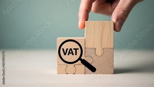 Vat concept with wooden blocks and magnifying glass illustrating value added tax and financial analysis hand placing block on top of others