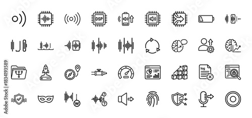 Technology and audio engineering line icon set. Vector pictograms of sound waves, microprocessors, and data analysis, thin linear illustration.