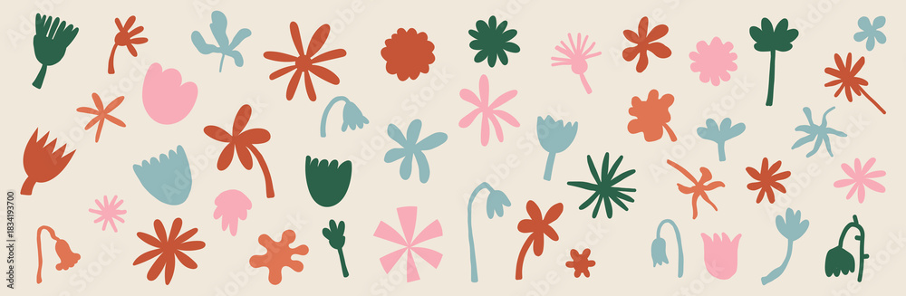 Fototapeta premium Neutral Beige Simple Minimalistic Floral Flower Doodle natural elements designs botanical plants, stem, buds vector set collection.