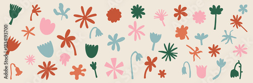 Neutral Beige Simple Minimalistic Floral Flower Doodle natural elements designs botanical plants, stem, buds vector set collection. 