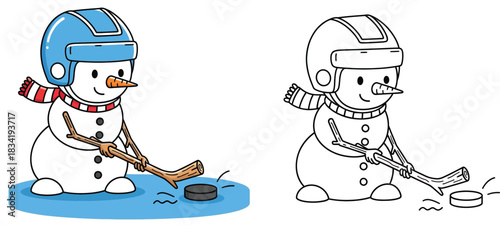 Cartoon snowman playing ice hockey vector illustration. Coloring book page for kids showing colored and outline versions of a winter character with helmet and stick hitting a puck.