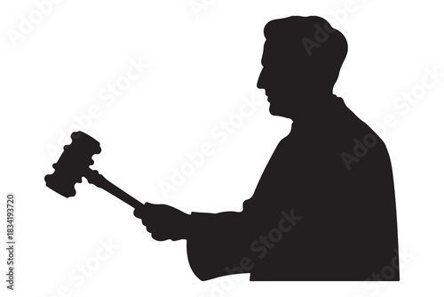  Silhouette of a judge or auctioneer holding a gavel in a courtroom or auction setting