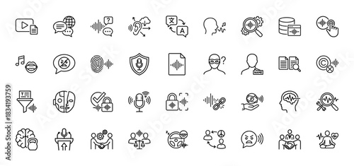 Voice technology line icon set. Vector pictograms of microphone, sound wave, speech recognition, biometrics, translation, robot, podcast, thin linear illustration.