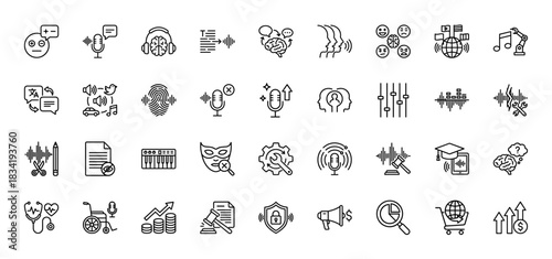 Voice technology and audio line icon set. Vector pictograms of microphone, sound wave, brain, headphones, equalizer, speech bubble and robot, thin linear illustration.
