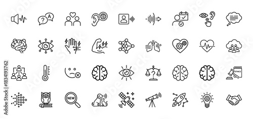 Senses and psychology line icon set. Vector pictograms of brain, eye, ear, neural network, sound wave, heart, lungs, rocket and handshake, thin linear illustration.