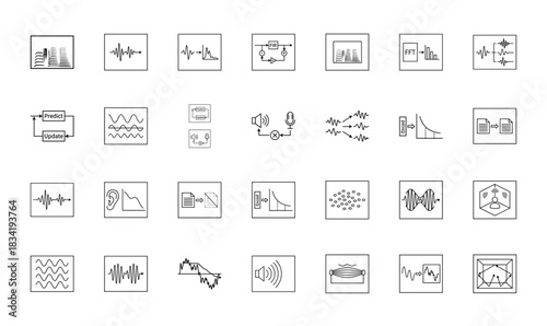 Audio technology line icon set. Vector pictograms of waveform, spectrogram, equalizer, acoustics, signal processing, noise cancellation, thin linear illustration.