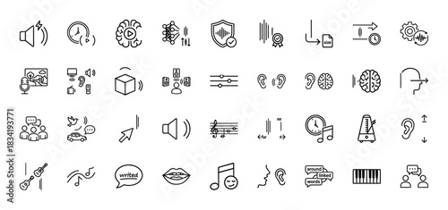 Audio and sound technology line icon set. Vector pictograms of volume, hearing, brain processing, music, and metronome, thin linear illustration.