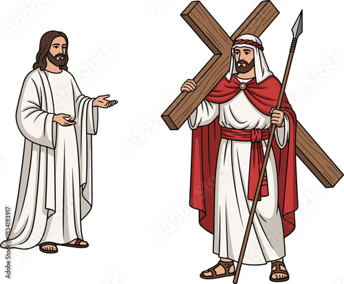 Biblical characters illustration with holy figure in white robe and warrior holding cross and spear, Christian religion art, Easter symbolism
