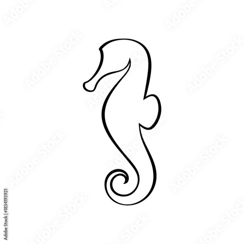 Simple line drawing of a seahorse on white page on transparent background silhouette