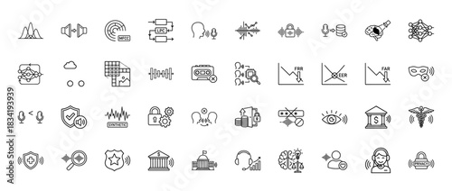 Voice recognition and security line icon set. Vector pictograms of spectrograms, biometric access, privacy, and authentication, thin linear illustration.
