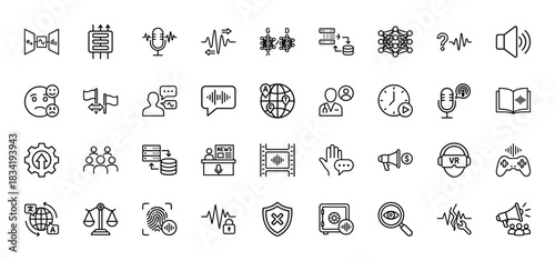 Artificial intelligence line icon set. Vector pictograms of machine learning, speech recognition, data security, and communication, thin linear illustration.