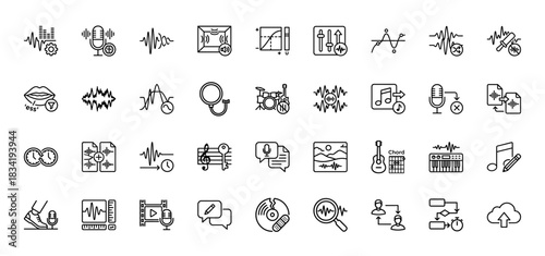 Audio and music production line icon set. Vector pictograms of waveform, microphone, equalizer, and editing, thin linear illustration.
