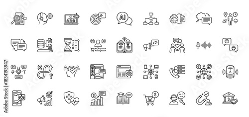 Artificial intelligence line icon set. Vector pictograms of chatbot, brain, algorithm, data, smart speaker, cloud, support and social network, thin linear illustration.