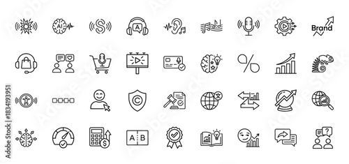 Digital marketing and AI voice technology line icon set. Vector pictograms of microphone, analytics, brain, service, translation and search, thin linear illustration.
