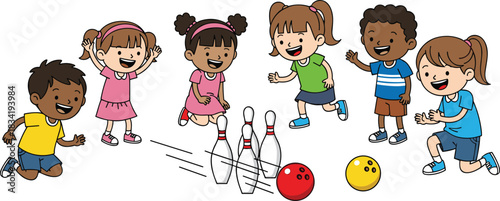 Cartoon children playing bowling, colorful pins, rolling ball action, joyful teamwork, fun game moment, recreational activity, animated sports scene, celebration