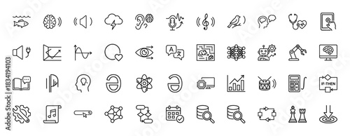 Artificial intelligence and audio line icon set. Vector pictograms of brain, robot, neural network, microphone, ear, algorithm, wave, chip, thin linear illustration.