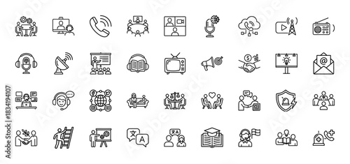 Communication and media line icon set. Vector pictograms of headset, microphone, radio, satellite, megaphone, handshake, meeting and email, thin linear illustration.