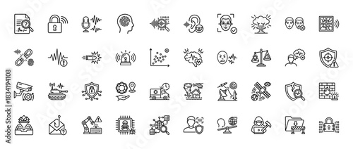 Security and cyber crime line icon set. Vector pictograms of padlock, fingerprint, hacker, facial recognition, cctv, firewall, phishing, alarm, thin linear illustration.