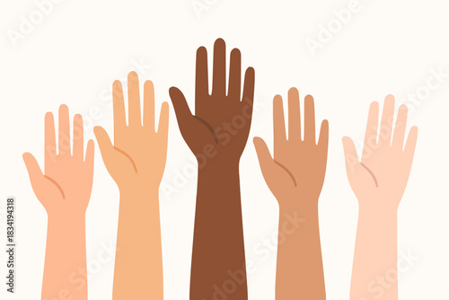 Hands Raised in Unity: A diverse ensemble of hands, each bearing unique skin tones, reach upwards in a gesture of solidarity, cooperation, and shared ambition.