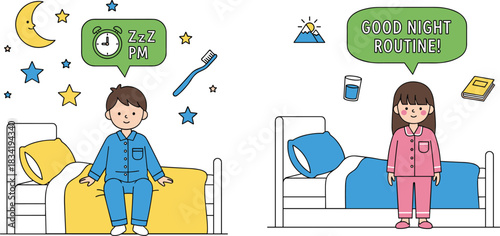 Cute kids bedtime routine illustration with boy and girl in pajamas, nighttime bedroom, sleep habits, brushing teeth, healthy sleep schedule concept
