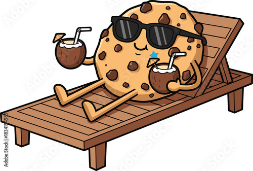 Funny chocolate chip cookie relaxing on beach chair drinking coconut juice, summer vacation cartoon character illustration with sunglasses, tropical holiday concept