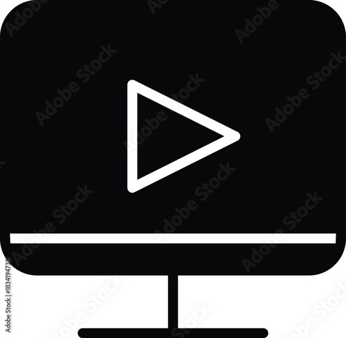  Monitor play button icon for video tutorials, media streaming, online learning interface symbol, minimalist computer screen vector with transparent background