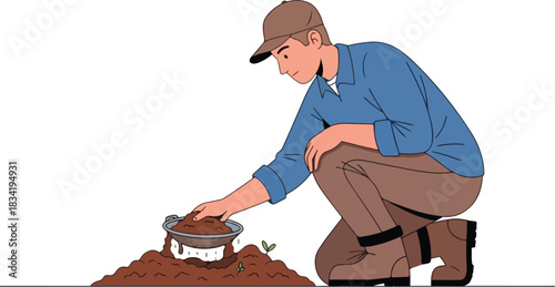 Farmer kneeling transferring soil from a small pan to a mound