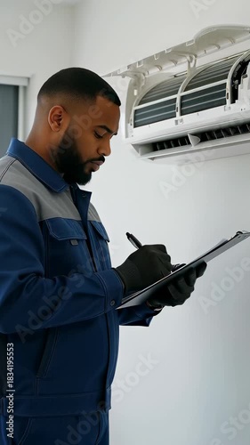 Professional African American technician in a blue uniform inspecting a wall-mounted air conditioner unit while writing on a clipboard, illustrating HVAC maintenance service concepts.