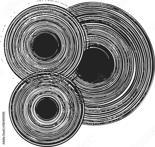 Tree rings sketch, hand drawn cross section of three overlapping trunks. Vector illustration