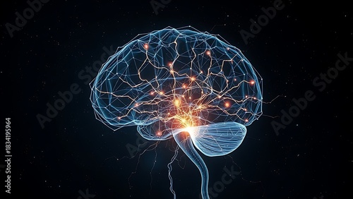 An abstract visualization of a human brain silhouette with intricate, glowing neural pathways on a dark cosmic background.