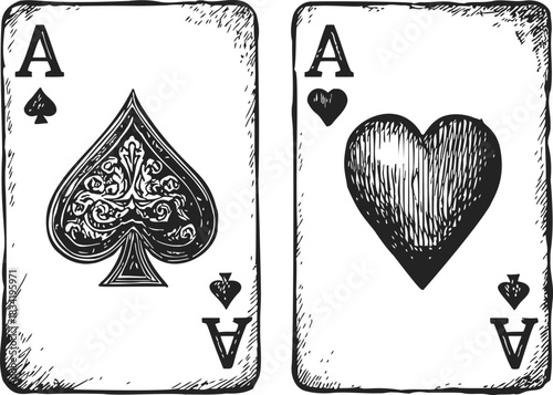 Playing cards ace of spades and ace of hearts sketch hand drawn. Vector illustration