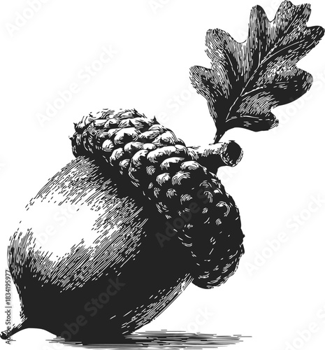Acorn with oak leaf sketch, hand drawn botanical detailed black and white. Vector illustration