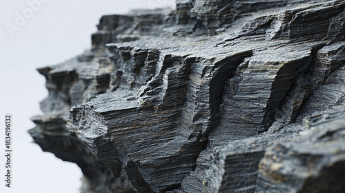 A detailed close-up of a weathered, textured rock formation, showcasing its rugged surface and intricate patterns